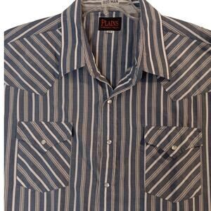 Plains Vintage Western Shirt Big Man 3XL Blue/Gray Striped Pearl Snap Rockabilly